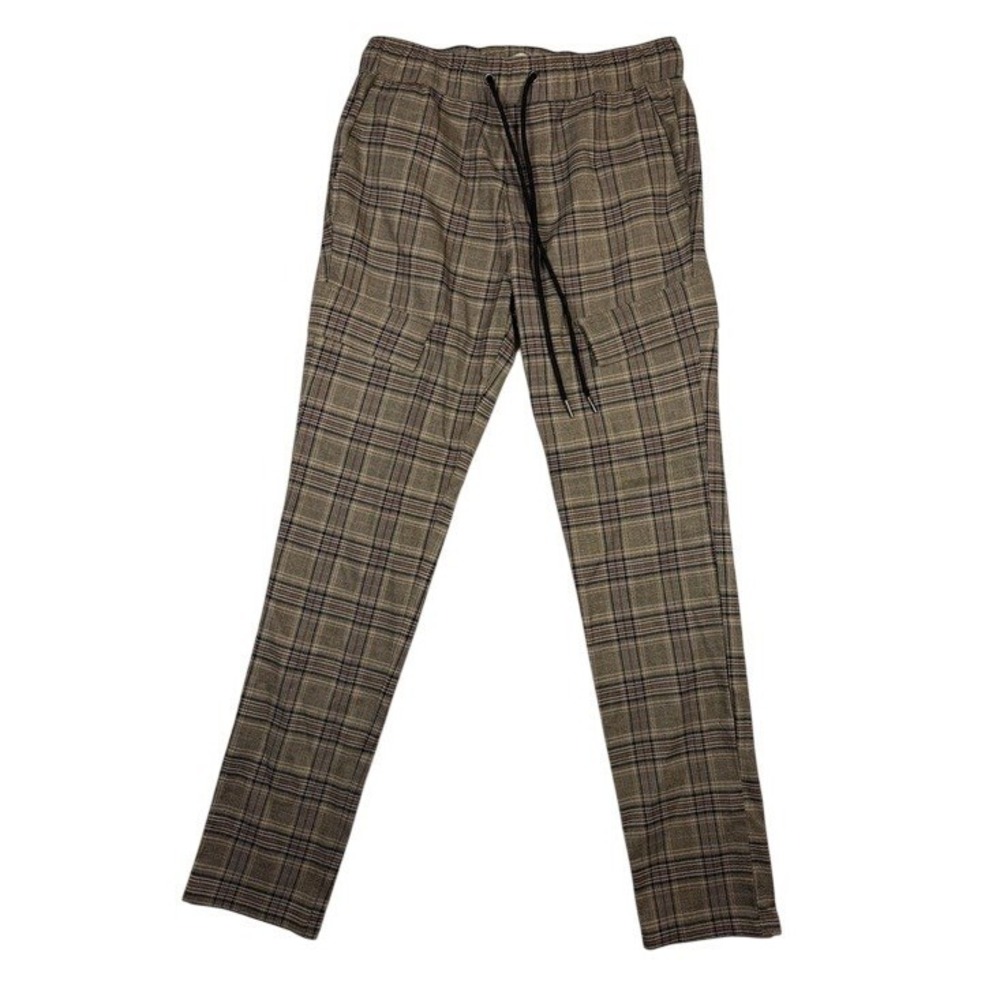 PacSun Cargo Pants Mens XS Plaid Tapered Brown Tan Drawstring Elastic Waist